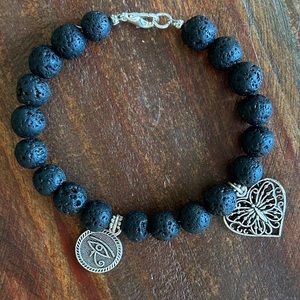 Lava Rock and Silver Tone Charms Bracelet 7 Inches